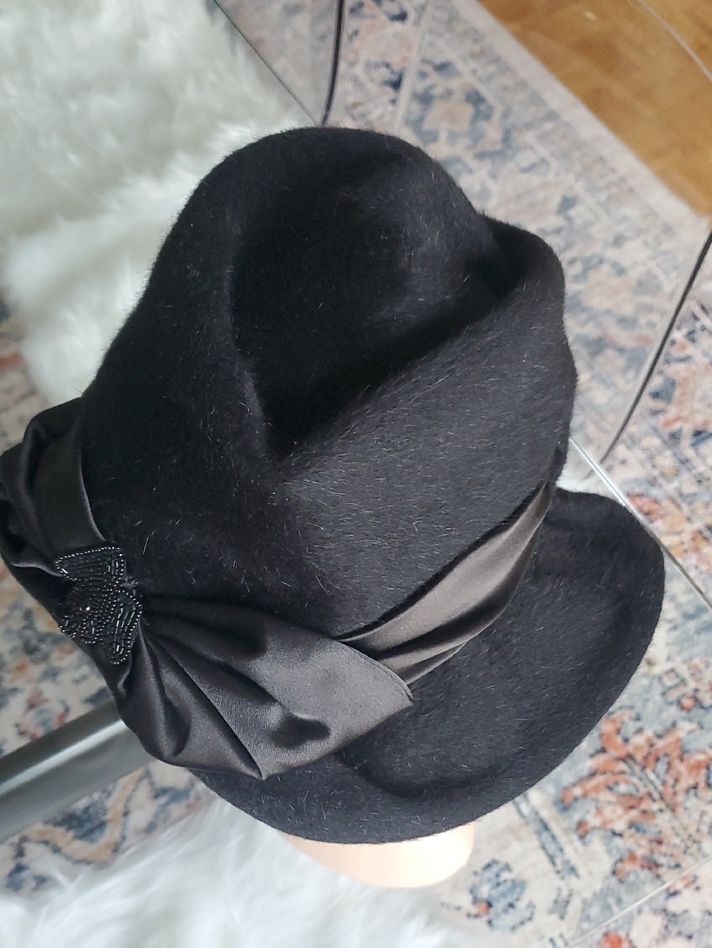 Vintage Morreton Made In France Fur Cloche Pinched Bucket Hat W/ Satin Bow Beads - Picture 8 of 14